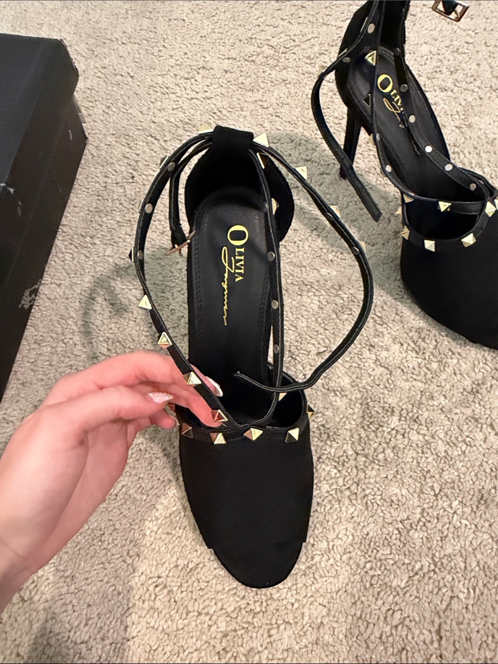 Olivia Jaymes Black Studded Peep-Toe Heels with Ankle Straps - Picture 3 of 4